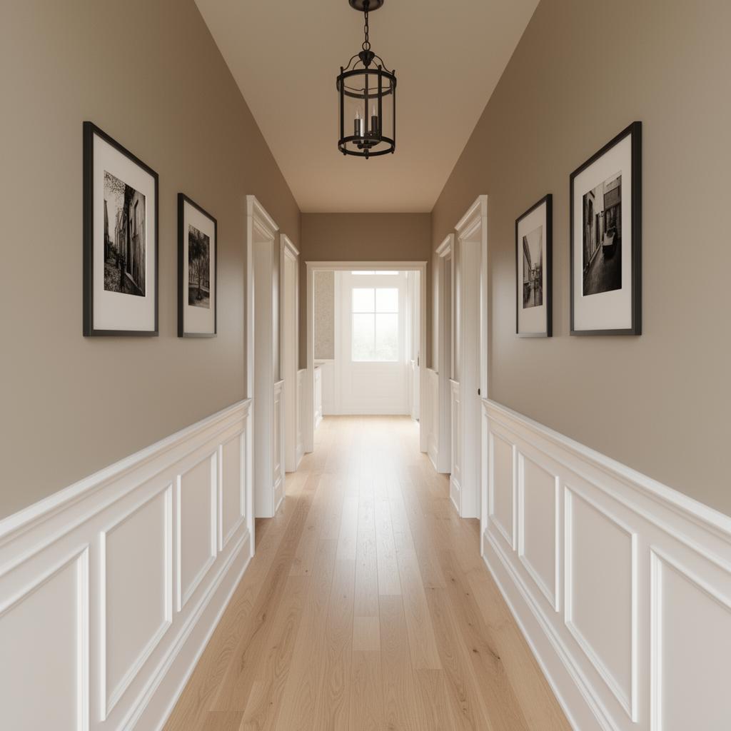 Timeless neutral hallway with evenly painted warm greige walls and white wainscoting