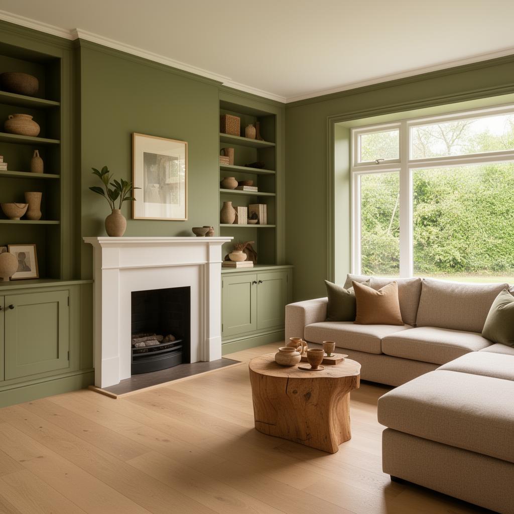 Rich and inviting living room with uniform olive sage green walls and white fireplace