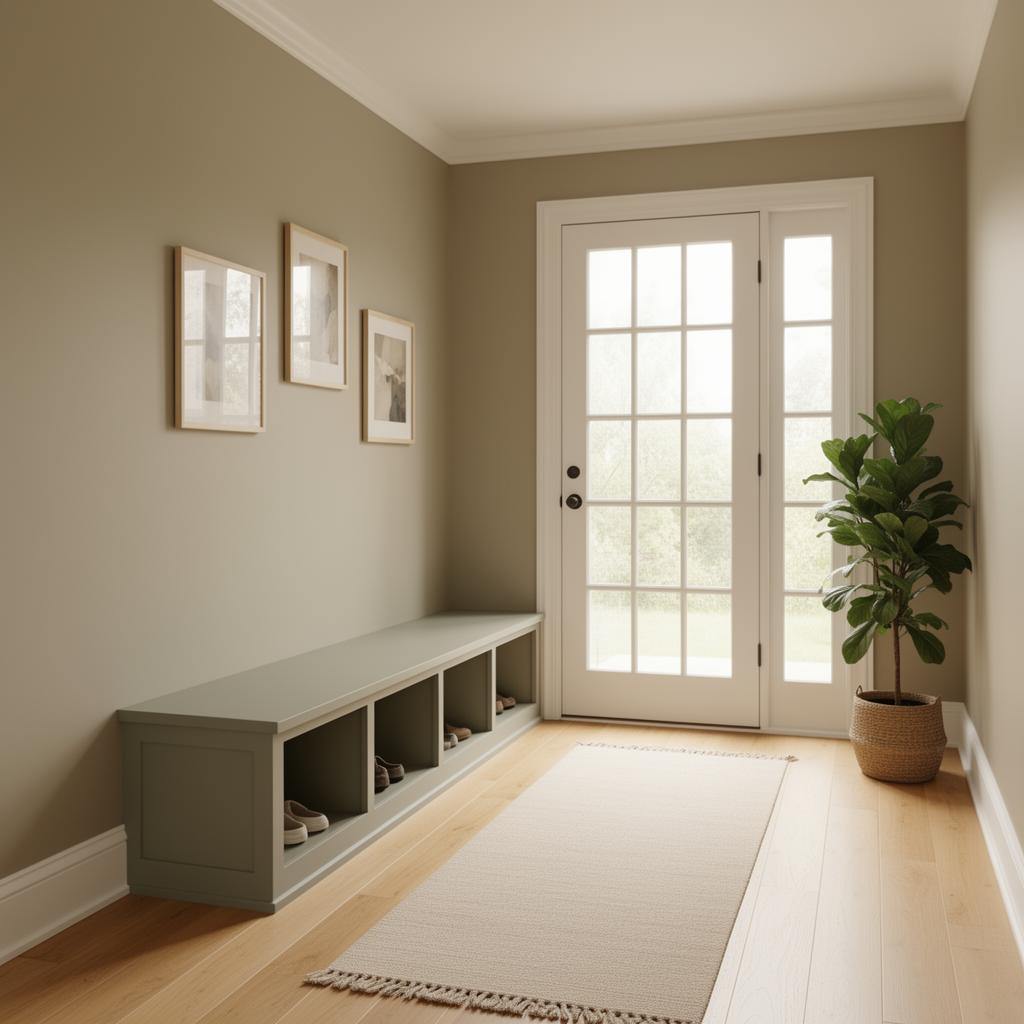 Warm and welcoming mudroom with evenly painted greige walls and muted green built-in bench