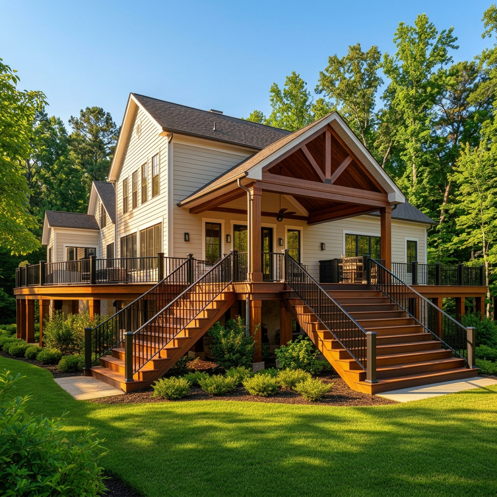 A covered deck attached to a St. Louis home with a roof structure and outdoor seating